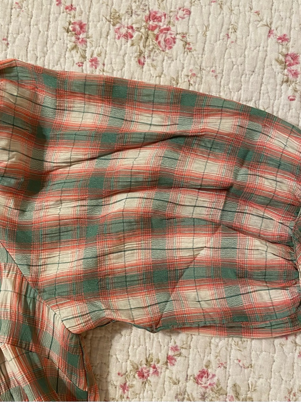 NWT Umgee Green/Pink Plaid Crinkle Babydoll Top - Picture 5 of 7